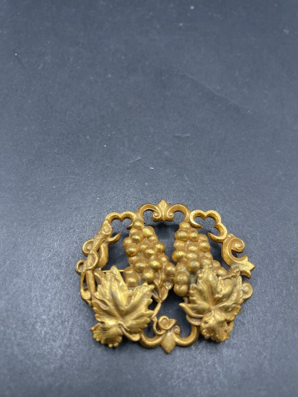 Vintage Grapes Cluster Sash Pin Brooch Gold Tone Vines Victorian 1.87"